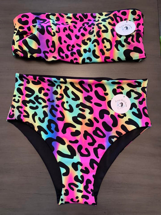 Groovy Cheetah Bandeau Bikini with High Rise Bottoms