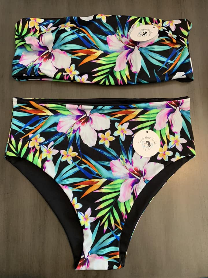 Tropical Floral Bandeau Bikini with High Rise Bottoms