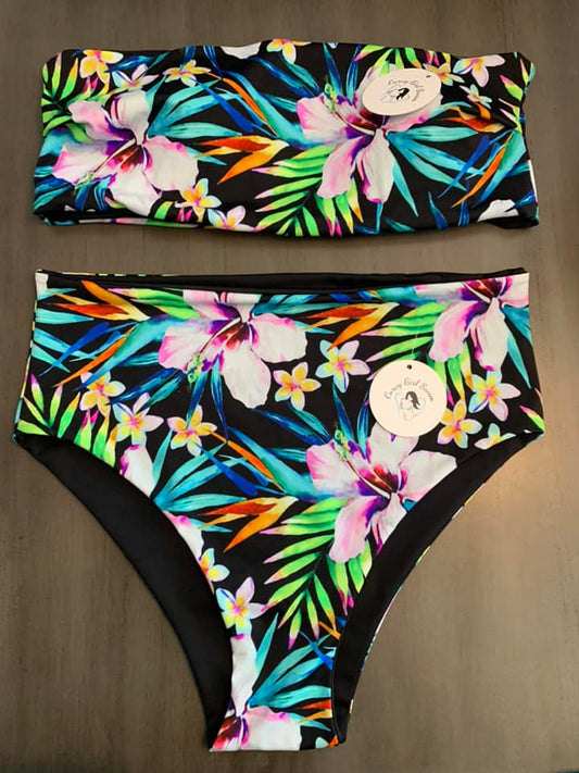 Tropical Floral Bandeau Bikini with High Rise Bottoms