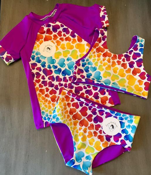 Girls Rash Guard Set (3 peice) - Colorful Hearts