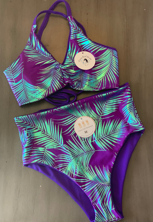 Purple Palm Triangle Bikini with High Rise Bottoms